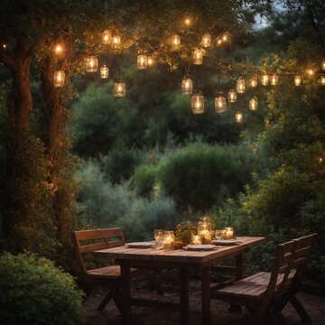 Serene, magical atmosphere created as numerous lanterns, encased in glass jars, hang gracefully from branches of robust tree, illuminating surrounding area with warm, inviting glow.