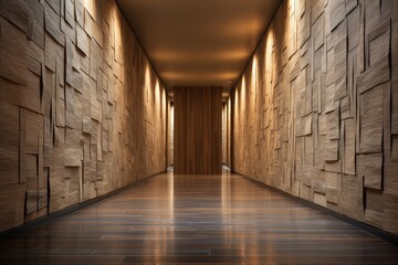 View of luxury a corridor, hallway, or passageway in a hotel decorated with a stone wall and wood floor. Generative AI. - obrazy, fototapety, plakaty