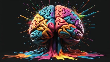Creativity concept with a brain exploding in colors Mind blown concept black background