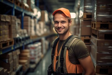 a male warehouse worker in a vest and cap stands against the background of a warehouse