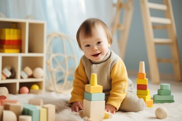 child with down syndrome plays with educational toys and smiles