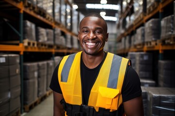 a darkskinned male warehouse worker in a vest stands against the background of a warehouse