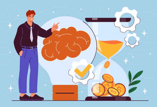 A man pointing at a brain illustration next to a hourglass turning ideas into money, concept of innovation and investment. Vector illustration