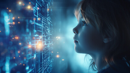 Child in Awe of Sparkling Digital Universe - Curious Young Girl Gazing at Luminous Blue Particle...