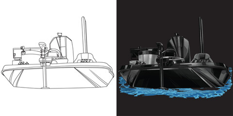 Outline and painted boat. Isolated in black background, for t-shirt design, print, and for business purposes.