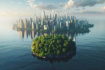 Planet earth with Modern ecological city with wind turbines, alternative energy and ecology - obrazy, fototapety, plakaty