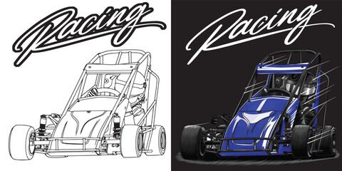 Outline and painted, Go kart. Isolated in black background, for t-shirt design, print, and for business purposes.