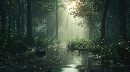 A tranquil forest glen illuminated by the soft glow of morning light, with dew-kissed leaves...