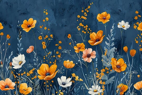Seamless vector pattern with abstract flowers. Hand drawn wildflowers, rose hips and tulups on blue background