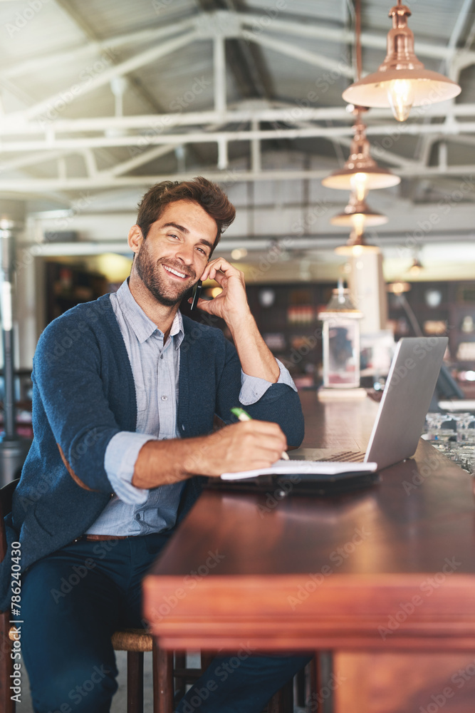 Poster Restaurant, owner and portrait of man with phone call for communication, planning and discussion. Business person, notebook and pub with technology for ecommerce, feedback and update to supplier