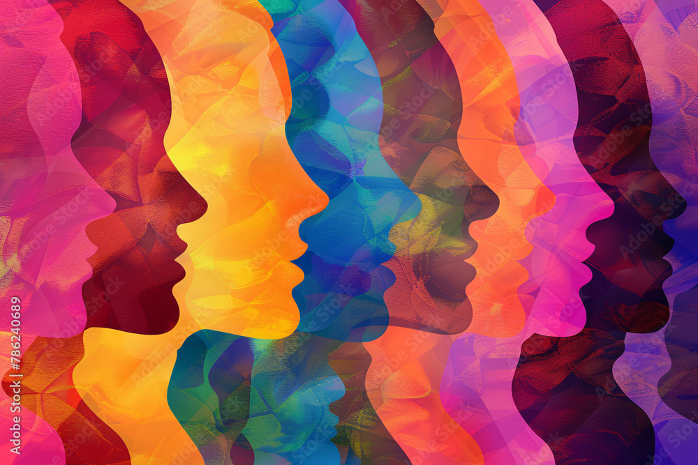 Poster multicolored overlapping profiles forming a vibrant abstract design