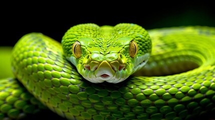 Fototapeta premium Close up of a vibrant green snake in the dense foliage of a tropical rainforest habitat