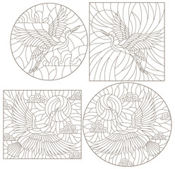 Fototapeta premium Set of contour illustrations of stained glass Windows with swans against the sky, dark outlines on a white background
