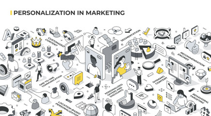 Personalization in marketing isometric illustration. Delivering tailored experiences to customer. Includes concepts: customized content, behavioral targeting, segmentation, customer analysis and more