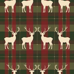 repeating pattern of beige deer silhouettes on dark red and green tartan background
