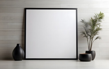 Close-up mock-up of a blank poster with a sleek black frame against a neutral white wall design - Powered by Adobe