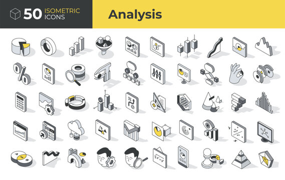 Business and data analysis. Isometric linear icons: analysis to infographics, analytics, and statistics. Collection includes charts, graphs, metrics, and more. Vector illustration