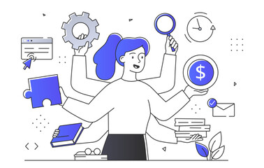A woman holding various business icons, monochrome vector illustration on a white background, concept of multitasking and productivity. Line art style flat vector illustration