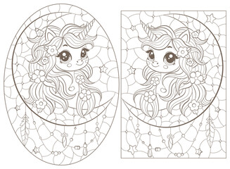 A set of contour illustrations in the style of stained glass with cute cartoon unicorns and the moon, dark outlines on a white background