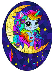 A stained glass illustration with a cute cartoon unicorn and a moon on a starry sky background, oval image