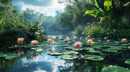 Foto op Canvas A tranquil pond surrounded by lush foliage, with colorful water lilies floating on its surface and reflecting the azure sky above in a peaceful tableau of nature.  © Ammar