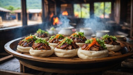Obraz premium Pork Belly Buns Steamed buns filled with braised pork belly, pickled vegetables, and hoisin sauce.