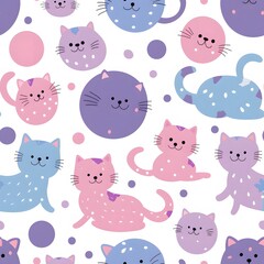 repeating pattern of pastel pink, purple and blue cartoon cats on white background