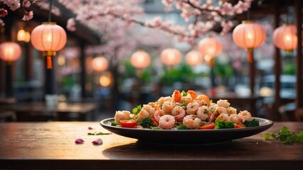 Shrimp and Garlic Sauce Shrimp stir-fried with garlic and vegetables in a savory sauce. - obrazy, fototapety, plakaty