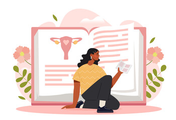 A woman reading a book with a large illustration of female reproductive anatomy, flat style on a pink background, Concept of health education and female reproductive system. Vector illustration