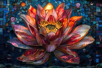 stained glass art composition featuring a lotus flower, portraying its delicate petals and serene symbolism
