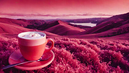 A melting coffee cup morphing into a whimsical landscape with rolling hills whipped cream and rivers and mountains - obrazy, fototapety, plakaty