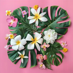 Spring flowers and tropical monstera leaves. Floral composition, creative layout. Flat lay, top view.