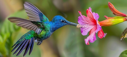 Elegant hummingbirds flying gracefully, targeting vibrant sources of flower nectar