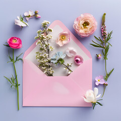 Pink envelope with spring flowers. Floral composition, creative layout. Flat lay, top view. 