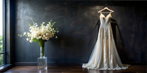 Wedding dress on a black wall hangs on a hanger to the floor a transparent sequined wedding dress and there are flowers in a white glass vase