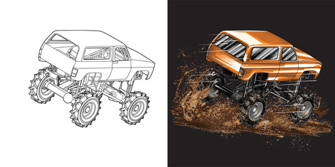 Outline and painted truck splash. Isolated in black background, for t-shirt design, print, and for business purposes.