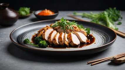 Soy Sauce Chicken Poached chicken served with a savory soy sauce.  - obrazy, fototapety, plakaty