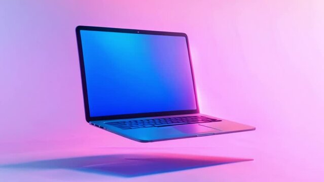Floating Laptop With Blue Screen on Pink Background
