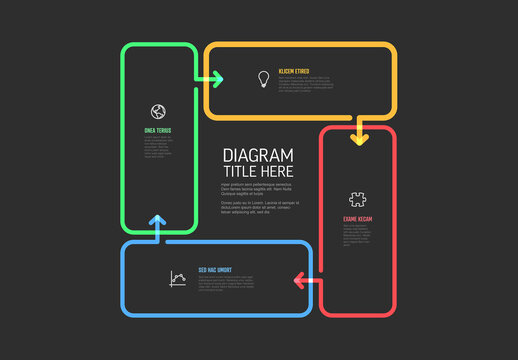 Thick line cycle infographic template made from four color rectangles with arrows on dark background