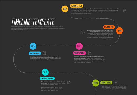 Thin line dark simple curved timeline with six color spots milestone elements time line infographic template