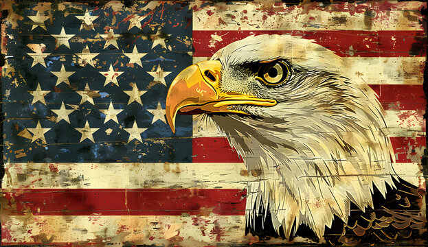 Stars and stripes of the American flag with a bald eagle, symbolizing strength and freedom, as a 4th of July memorial or independence day background.