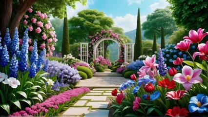 Colorful flowers in the garden on a sunny day. 3d rendering
