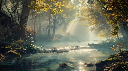 A tranquil river winding its way through a misty forest, with sunlight filtering through the dense canopy and casting a golden glow upon the crystal-clear waters, - obrazy, fototapety, plakaty