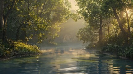 A tranquil river winding its way through a misty forest, with sunlight filtering through the dense canopy and casting a golden glow upon the crystal-clear waters,  - Powered by Adobe