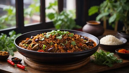 Szechuan Mapo Eggplant Spicy Sichuan dish with eggplant cooked in a numbingly spicy sauce. - obrazy, fototapety, plakaty
