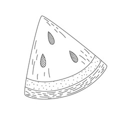 Hand drawn doodle sketch of a slice of a watermelon. Coloring page with a fruit. Line art vector illustration on a white background