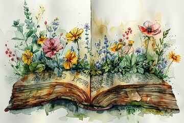 Vector watercolor painting of flowers growing from an old open book, hand-painted isolated