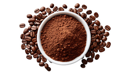Bowl of ground coffee and beans isolated on white background top view 