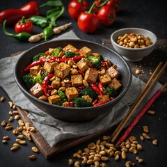 Fototapeta premium Vegetarian Kung Pao Tofu Spicy tofu stir-fry with peanuts, vegetables, and chili peppers.