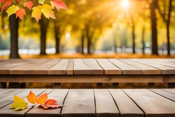 Naklejka na ściany i meble wooden table , autumn leaves